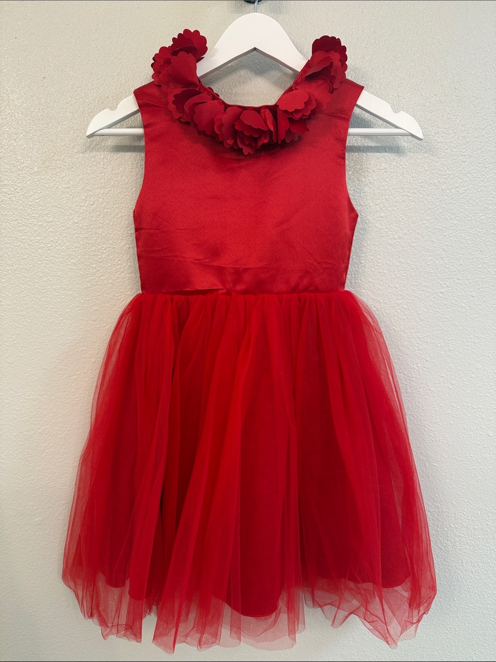 Girls Red Floral Collar Tulle Party Dress